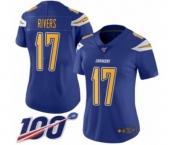Women's Los Angeles Chargers #17 Philip Rivers Limited Electric Blue Rush Vapor Untouchable 100th Season Football Jersey
