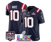 Men's New England Patriots #10 Drake Maye Navy 2025 F.U.S.E. 1-Star C Patch And Super Bowl LX Patch & USA 250' Patch Vapor Limited Football Stitched Jersey