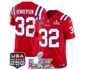 Men's New England Patriots #32 TreVeyon Henderson Red 2025 F.U.S.E. Super Bowl LX Patch And USA 250' Patch Vapor Limited Football Stitched Jersey