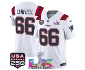 Men's New England Patriots #66 Will Campbell White 2025 F.U.S.E. Super Bowl LX Patch And USA 250' Patch Vapor Limited Football Stitched Jersey Men's New England Patriots #66 Will Campbell White 2025 F.U.S.E. Super Bowl LX Patch And USA 250' Patch Vapor Limited Football Stitched Jersey