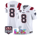 Men's New England Patriots #8 Stefon Diggs White 2025 F.U.S.E. Super Bowl LX Patch And USA 250' Patch Vapor Limited Football Stitched Jersey