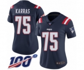 Women's New England Patriots #75 Ted Karras Limited Navy Blue Rush Vapor Untouchable 100th Season Football Jersey