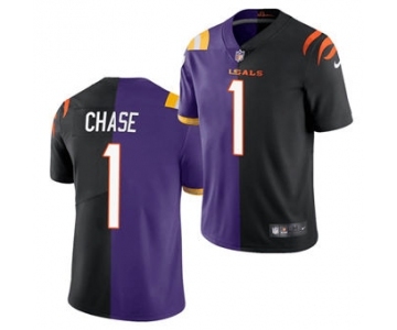 Men's Cincinnati Bengals #1 Ja'Marr Chase 2021 Black Purple Split Stitched Football Jersey