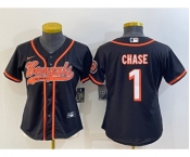 Women's Cincinnati Bengals #1 JaMarr Chase Black With Patch Cool Base Stitched Baseball Jersey