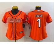 Women's Cincinnati Bengals #1 JaMarr Chase Orange With Patch Cool Base Stitched Baseball Jersey