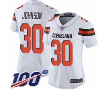 Women's Cleveland Browns #30 D'Ernest Johnson White Vapor Untouchable Limited Player 100th Season Football Jersey