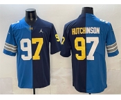 Men's Detroit Lions X Wolverines #97 Aidan Hutchinson Blue Navy Split Vapor Limited Stitched Jersey Men's Detroit Lions X Wolverines #97 Aidan Hutchinson Blue Navy Split Vapor Limited Stitched Jersey