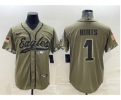 Men's Philadelphia Eagles #1 Jalen Hurts Olive 2022 Salute To Service Cool Base Stitched Baseball Jersey