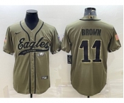 Men's Philadelphia Eagles #11 A. J. Brown Olive 2022 Salute To Service Cool Base Stitched Baseball Jersey