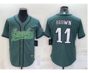 Men's Philadelphia Eagles #11 AJ Brown Green With Patch Cool Base Stitched Baseball Jersey