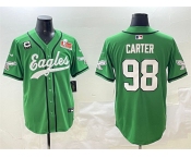 Men's Philadelphia Eagles #98 Jalen Carter Green 2025 Super Bowl LIX And 3-Star C Patch Stitched Baseball Jersey