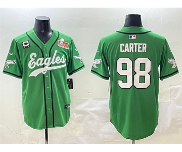 Men's Philadelphia Eagles #98 Jalen Carter Green 2025 Super Bowl LIX And 3-Star C Patch Stitched Baseball Jersey
