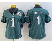 Women's Philadelphia Eagles #1 Jalen Hurts Green 2025 Super Bowl LIX Patch Vapor Untouchable Limited Stitched Football Jersey