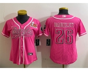 Women's Philadelphia Eagles #26 Saquon Barkley Pink 2025 Super Bowl LIX Patch Cool Base Stitched Baseball Jersey