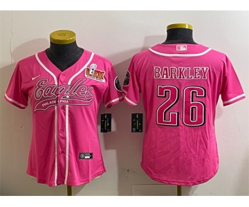 Women's Philadelphia Eagles #26 Saquon Barkley Pink 2025 Super Bowl LIX Patch Cool Base Stitched Baseball Jersey