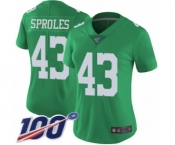 Women's Philadelphia Eagles #43 Darren Sproles Limited Green Rush Vapor Untouchable 100th Season Football Jersey