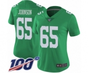 Women's Philadelphia Eagles #65 Lane Johnson Limited Green Rush Vapor Untouchable 100th Season Football Jersey