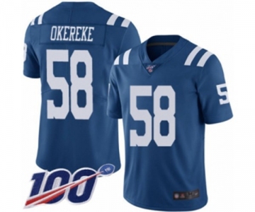 Men's Indianapolis Colts #58 Bobby Okereke Limited Royal Blue Rush Vapor Untouchable 100th Season Football Jersey