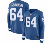 Women's Indianapolis Colts #64 Mark Glowinski Limited Blue Therma Long Sleeve Football Jersey