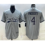 Men's Dallas Cowboys #4 Dak Prescott Grey Pinstripe With Patch Cool Base Stitched Baseball Jersey