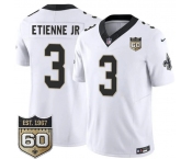 Men's New Orleans Saints #3 Travis Etienne Jr White 2026 F.U.S.E 60th Anniversary Patch Vapor Limited Football Stitched Jersey Men's New Orleans Saints #3 Travis Etienne Jr White 2026 F.U.S.E 60th Anniversary Patch Vapor Limited Football Stitched Jersey
