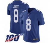 Men's New York Giants #8 Daniel Jones Royal Blue Team Color Vapor Untouchable Limited Player 100th Season Football Jersey
