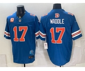 Men's Denver Broncos #17 Jaylen Waddle Blue F.U.S.E. With 2-Star C Patch Throwback Vapor Limited Football Stitched Jersey Men's Denver Broncos #17 Jaylen Waddle Blue F.U.S.E. With 2-Star C Patch Throwback Vapor Limited Football Stitched Jersey