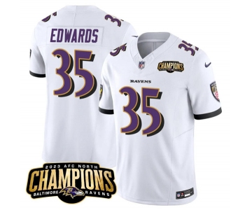 Men's Baltimore Ravens #35 Gus Edwards White 2023 F.U.S.E. AFC North Champions Vapor Limited Football Stitched Jersey