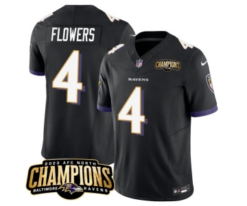 Men's Baltimore Ravens #4 Zay Flowers Black 2023 F.U.S.E. AFC North Champions Vapor Limited Football Stitched Jersey