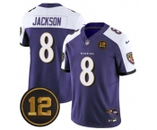 Men's Baltimore Ravens #8 Lamar Jackson Purple Alternate 2025 F.U.S.E Jacoby Jones Patch Vapor Limited Football Jersey