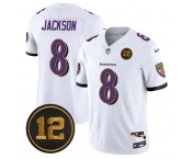 Men's Baltimore Ravens #8 Lamar Jackson White 2025 F.U.S.E Jacoby Jones Patch Vapor Limited Football Jersey