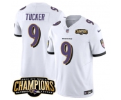 Men's Baltimore Ravens #9 Justin Tucker White 2023 F.U.S.E. AFC North Champions Vapor Limited Football Stitched Jersey