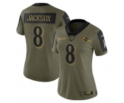 Women's Baltimore Ravens #8 Lamar Jackson Nike Olive 2021 Salute To Service Limited Player Jersey