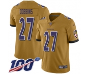 Youth Nike Ravens #27 J.K. Dobbins Gold Stitched NFL Limited Inverted Legend 100th Season Jersey