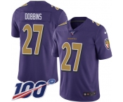 Youth Nike Ravens #27 J.K. Dobbins Purple Stitched NFL Limited Rush 100th Season Jersey