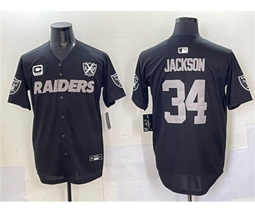 Men's Las Vegas Raiders #34 Bo Jackson Black With Nevada Silver Stat Patch And 65th Anniversary Patch 3-Star C Patch Stitched Baseball Jersey