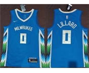 Men's Milwaukee Bucks #0 Damian Lillard Blue 2022-23 City Edition Stitched Basketball Jersey