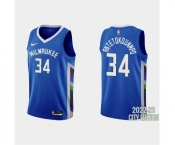 Men's Milwaukee Bucks #34 Giannis Antetokounmpo 2022-23 City Edition Blue Stitched Basketball Jersey