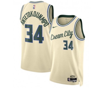 Men's Milwaukee Bucks #34 Giannis Antetokounmpo Cream 2025-26 City Edition Swingman Stitched Basketball Jersey