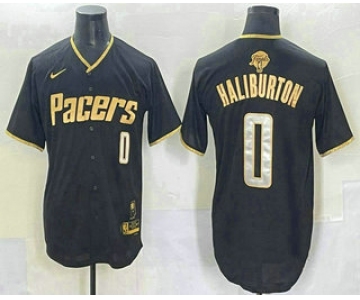 Men's Indiana Pacers #0 Tyrese Haliburton Black Gold 2025 Finals Vapor Stitched Baseball Jersey