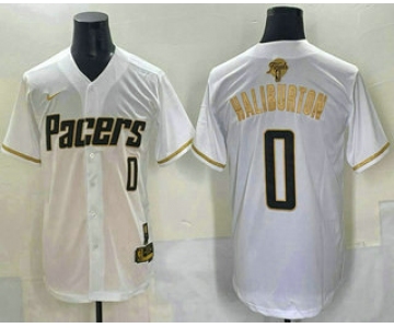 Men's Indiana Pacers #0 Tyrese Haliburton White Gold 2025 Finals Vapor Stitched Baseball Jersey