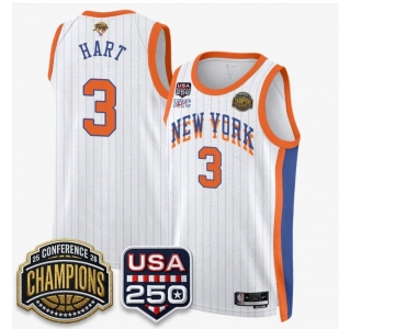 Men's New Yok Knicks   #3 Josh Hart White Stripes 2026 Finals Patch &USA 250 Patch Stitched Basketball Jersey