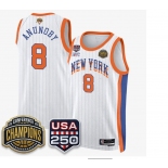 Men's New Yok Knicks #8 OG Anunoby White Stripes 2026 Finals Patch &USA 250 Patch Stitched Basketball Jersey Men's New Yok Knicks #8 OG Anunoby White Stripes 2026 Finals Patch &USA 250 Patch Stitched Basketball Jersey