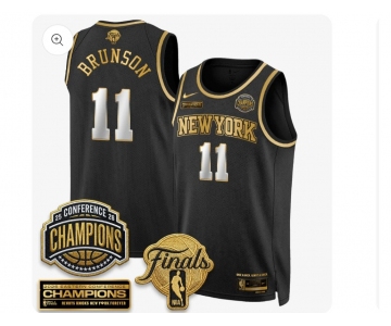 Men's New Yok Knicks #11 Jalen Brunson Black Gold White Number 2026 Finals Patch &2026 champions Patch Stitched Basketball Jersey
