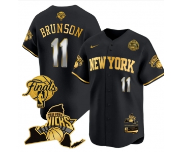 Men's New Yok Knicks #11 Jalen Brunson Black Gold White Number 2026 Finals Patch & EASTERN Patch Stitched Basketball Jersey