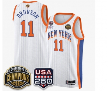 Men's New Yok Knicks  #11 Jalen Brunson White Stripes 2026 Finals Patch &USA 250 Patch Stitched Basketball Jersey