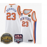 Men's New Yok Knicks #23 Mitchell Robinson White Stripes 2026 Finals Patch &USA 250 Patch Stitched Basketball Jersey Men's New Yok Knicks #23 Mitchell Robinson White Stripes 2026 Finals Patch &USA 250 Patch Stitched Basketball Jersey
