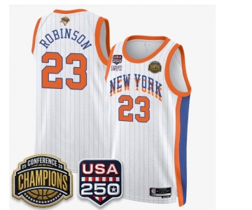 Men's New Yok Knicks  #23 Mitchell Robinson White Stripes 2026 Finals Patch &USA 250 Patch Stitched Basketball Jersey
