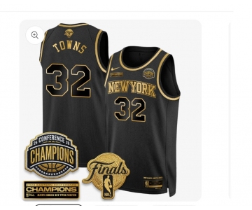 Men's New Yok Knicks #32 Karl-Anthony Towns Black Gold 2026 Finals Patch &2026 champions Patch Stitched Basketball Jersey