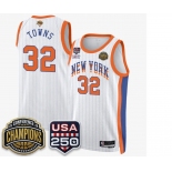 Men's New Yok Knicks #32 Karl-Anthony White Stripes 2026 Finals Patch &USA 250 Patch Stitched Basketball Jersey Men's New Yok Knicks #32 Karl-Anthony White Stripes 2026 Finals Patch &USA 250 Patch Stitched Basketball Jersey